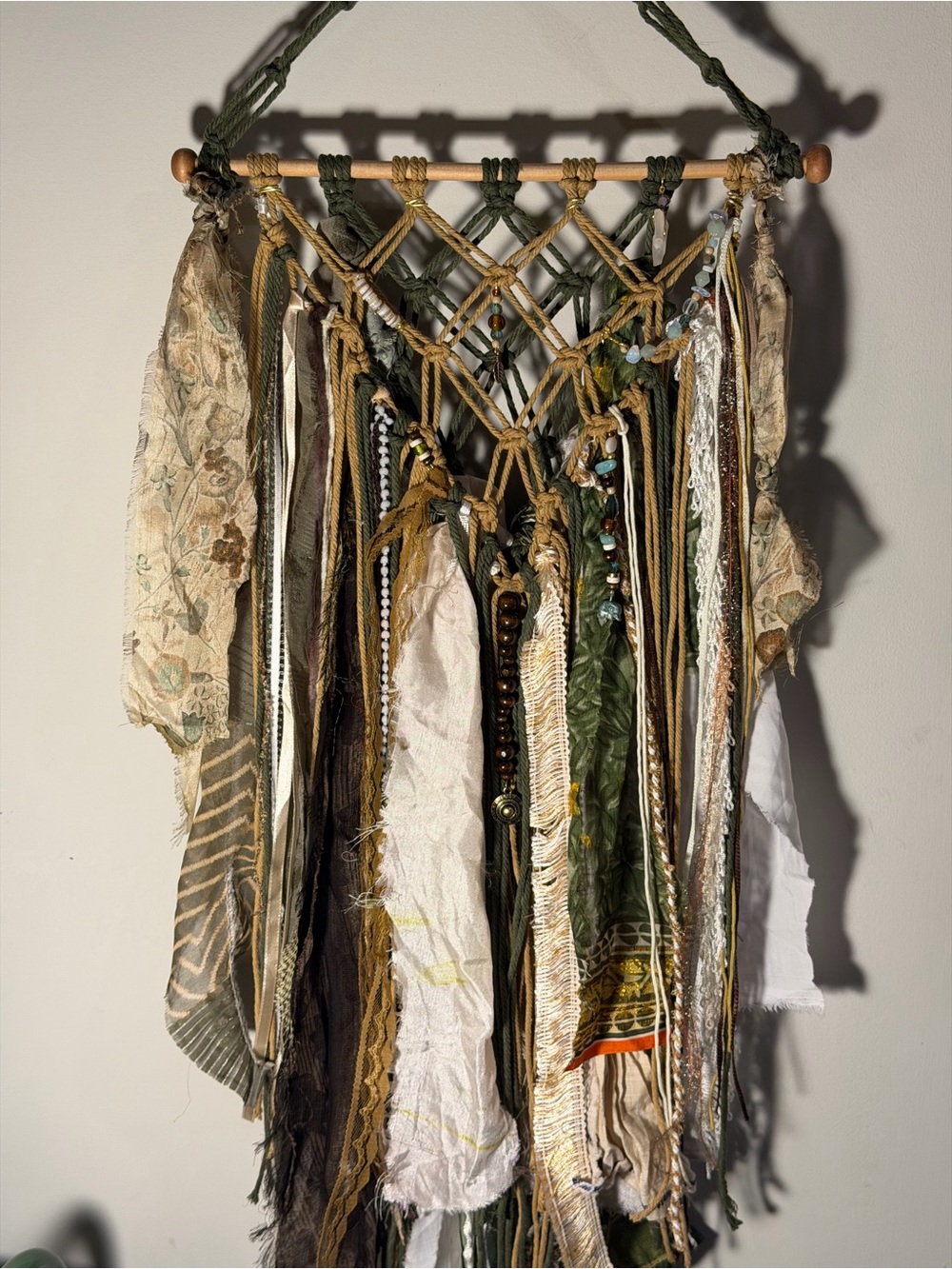 Handmade Olive Green and Cream Boho Macrame Wall Tapestry